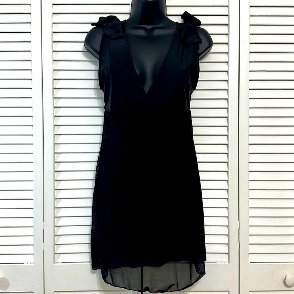 45 Med Black One Piece Bathing Suit Mesh Cover BowTie Detail Padded Vneck Dress